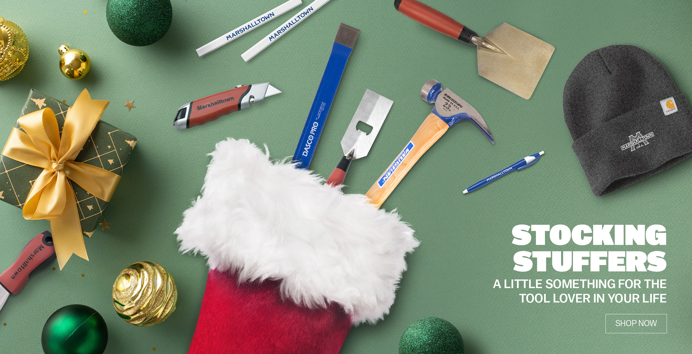 Various tool items perfect for stocking stuffers, including apparel, dasco pro chisels, vaughan hammers, the hamburger trowel, and customized items.